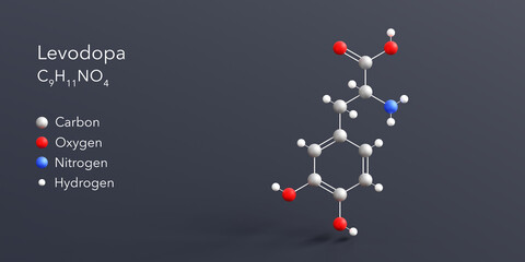 levodopa molecule 3d rendering, flat molecular structure with chemical formula and atoms color coding