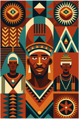 Portrait of man with african heritage featuring traditional patterns symbolizing cultural diversity. Ethnic poster with african pattern and pride man's face for black history month or juneteenth