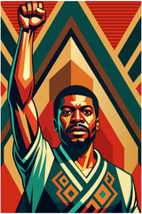 Vibrant illustration of an african man with a raised fist symbolizing strength and unity, against a background of traditional african patterns