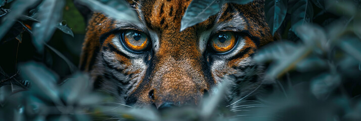Intense Tiger Gaze Through Lush Greenery in Vibrant Wildlife Portrait