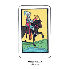 Tarot card vector deck . Minor Arcana Pentacles . Occult esoteric spiritual Tarot. Isolated colored hand drawn illustrations

