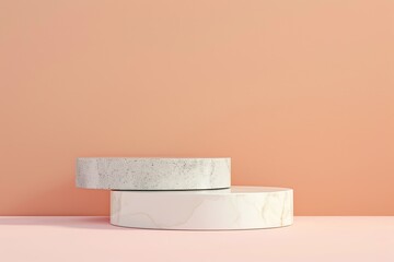 Two Round Podiums for Cosmetic, Soap, Items Presentation. Abstract Minimal Geometric Pedestal. Cylinder Two Forms, Soft Shadow. Product Object Show Scene. Showcase, Display Case. Peach Stand Backdrop