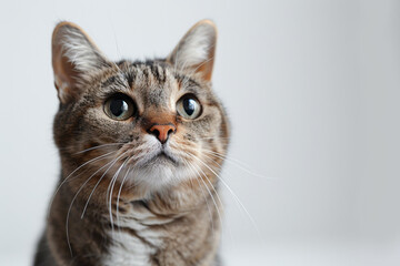Obraz premium Curious Tabby Cat with Intense Gaze on Light Background