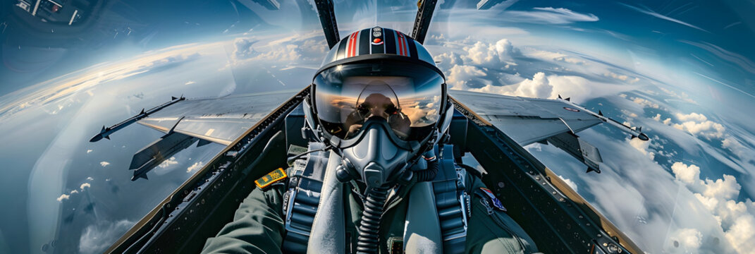 Pilot in cockpit of fighter jet above the clouds