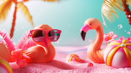 Stylized summer beach scene with inflatable flamingos, bubbles, and tropical accents