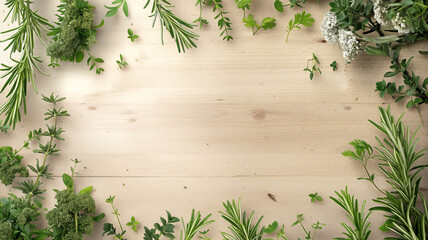 Border of rosemary and other green herbs on a wood chopping board background with room for text