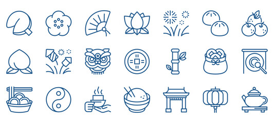Eastern Traditions and Festivities Icon Set: Chinese and Taiwanese Elements. Dragon Mask, Lotus Flowers, Fireworks, Plum Blossoms, Mandarin Oranges, Tea Ceremony, Paper Lanterns, Gold Coins, Noodles.  - obrazy, fototapety, plakaty