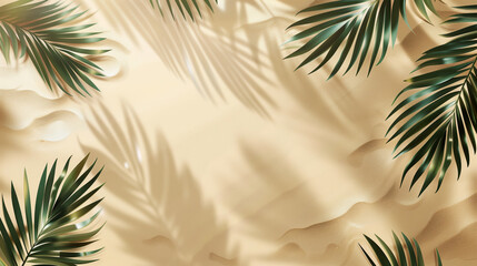 Tropical palm leaves casting shadows on a sandy beach texture background - obrazy, fototapety, plakaty