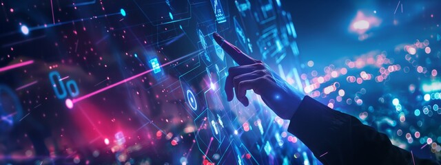 The businessman's hand points to an abstract digital holographic interface with projections of icons, business and technology, against the background of night city lights