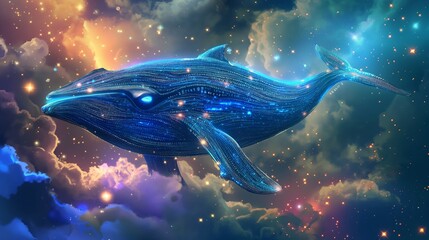 A virtual digital blue whale hovers in space among the stars and clouds