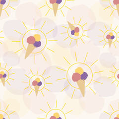 ice cream background, seamless pattern of ice cream scoops in a cone, repeating texture of colorful ice cream cones in red yellow and purple, abstract simple design, ideal for textile or paper design	