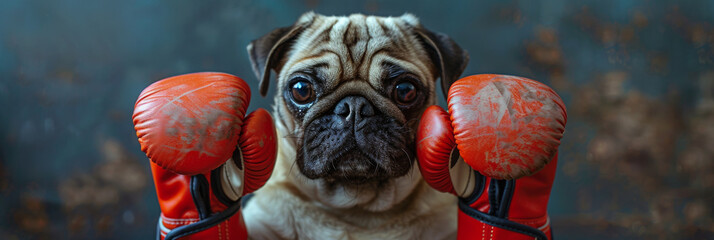 Adorable Pug Dog Ready to Box with Red Gloves - obrazy, fototapety, plakaty