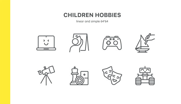 Children Hobbies and Activities Icon Set: Art, Science, and Technology. Drawing, Painting, Coding, Video Gaming, Robotics, Astronomy, Theater Acting, Board Games, DIY Projects. Editable Vector Signs