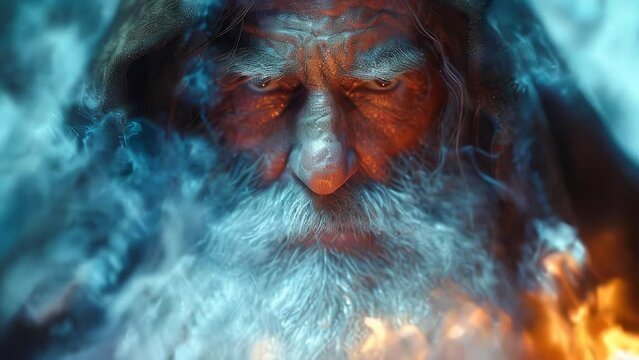 Portrait of an old man magician wizard with a long gray beard on the background of the night