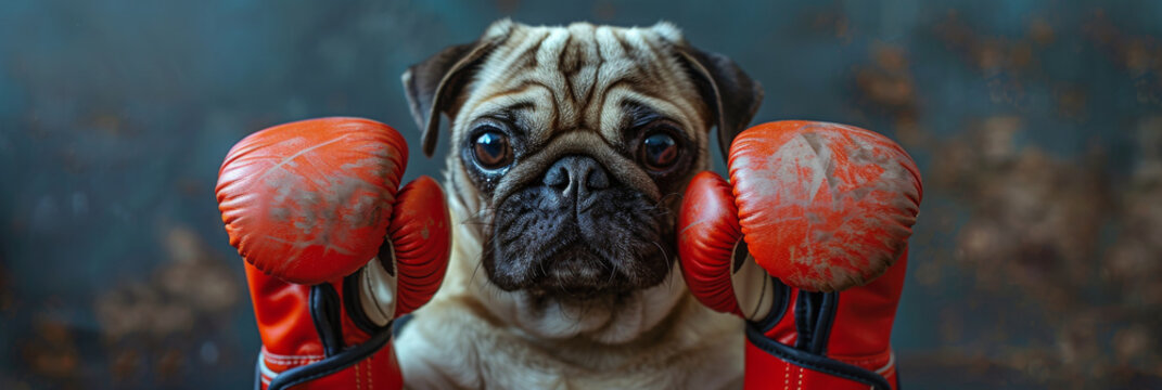 Adorable Pug Dog Ready to Box with Red Gloves