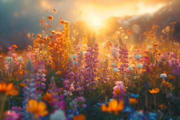 Fototapeta na wymiar Serene Sunset Over Vibrant Wildflower Meadow