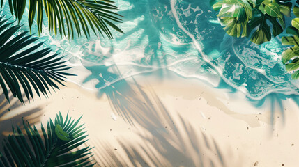 Tropical beach scene with clear blue water and palm leaves casting shadows on sand