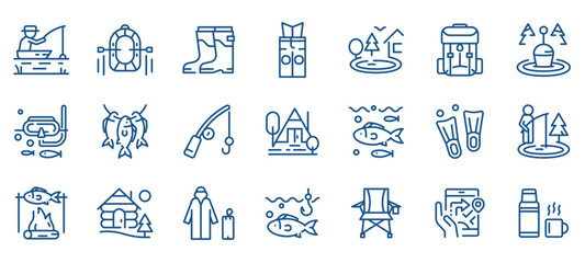 Fishing Icon Set. Collection of Vector Line Icons Representing Outdoor Angling Activities and Fisherman Gear.