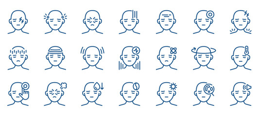 Headache and Migraine Icon Set: Symptoms and Causes. Includes Icons for Stress, Anxiety, Insomnia, and Tension. Editable Linear Vector Collection for Health and Disease Awareness.