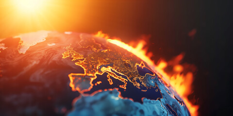 Earth globe under the extreme heat of the sun, Europe burning into flame, destroyed by fire, conceptual illustration of global warming, temperature increase and climate change disaster