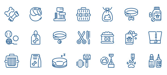 Pet Care and Accessories Icon Set: Essentials for Dogs and Cats. Features Toys, Food, Grooming Tools, Vet Supplies, and Medications. Editable Icons for Pet Shops, Veterinary Care, and Animal Hygiene.