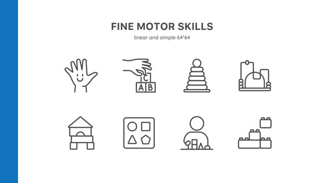 Fine Motor Skills Development Icons. Simple Line Art Set for Children Coordination and Learning Activities.