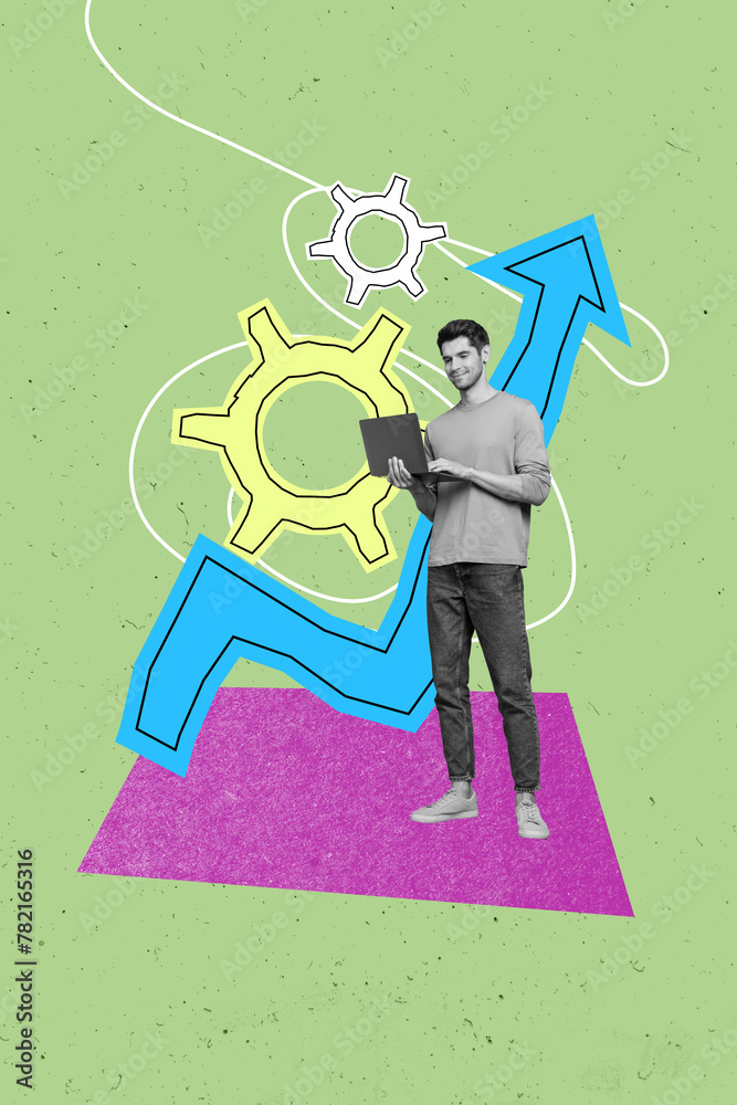 Poster vertical photo collage picture young standing man efficiency freelancer programmer project manager a