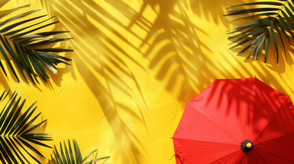 A red umbrella and palm leaves cast shadows on a yellow textured surface