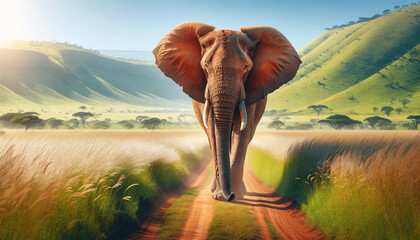 The African elephant walking down a dirt road within a lush savannah. Tall grasses line the sides of the road - obrazy, fototapety, plakaty
