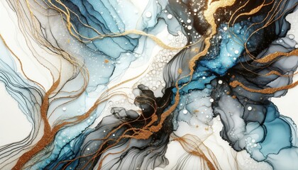 Abstract background with blue and black alcohol ink highlighted by gold glitter lines