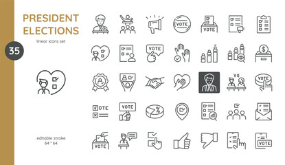 Set of Icons - President Elections. Voting Ballots, Vote Badges, Public Speech and Debates, Voting, Activists, Support to Candidate and more. Line Art Icons Collection with Editable Stroke.
