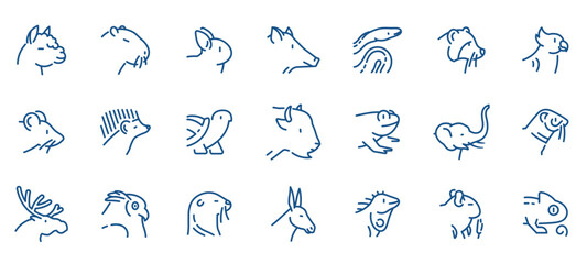 Wild Animals Outline Icons Set. Linear Symbols of  Animals for Web Design - mammal, bird, reptile, amphibian, hedgehog, wolf, llama, frog, elk, donkey, rat, chameleon. - obrazy, fototapety, plakaty