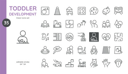 Toddler Development Icons Set. Editable Stroke 64x64 Linear Vector for Parenting, Early Learning and Child Growth.