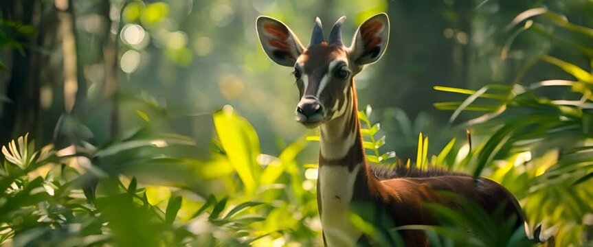 A bongo antelope standing in a lush green forest.
