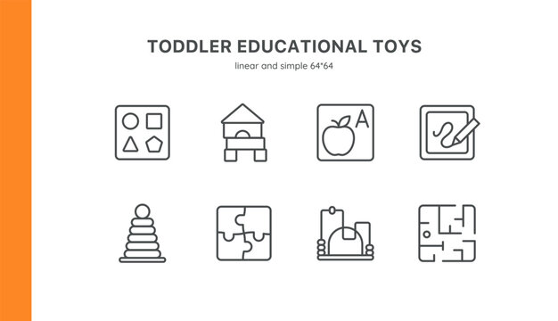 Toddler Education and Development Icon Set: Early Learning and Motor Skills. Features Alphabet Blocks, Wooden Toys, Shape Sorting, and Mazes. Editable Vector Icons for Child Smart Development.