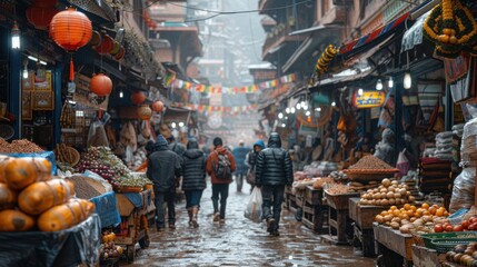 Immersing viewers in the vibrant colors and bustling energy of Nepali marketplaces. - obrazy, fototapety, plakaty