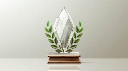 Realistic modern illustration of a glass award trophy or winner prize. It shows a clear crystal plate or acrylic diamond frame on a wooden pedestal surrounded by a laurel wreath, with light and
