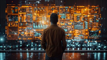 Man Observing Futuristic Control Panel in High-Tech Room