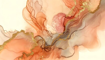 Orange alcohol ink highlighted by gold glitter lines background.