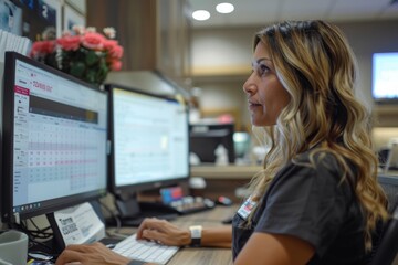 Young female receptionist at a health clinic manages a busy schedule