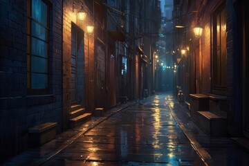 A dark alley in the city with wet ground - obrazy, fototapety, plakaty