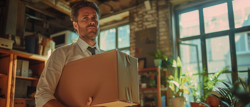 Moving Day: Anxious Man Holding a Cardboard Box in a Loft Apartment