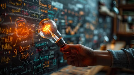 Innovative Ideas Concept With Light Bulb and Chalkboard