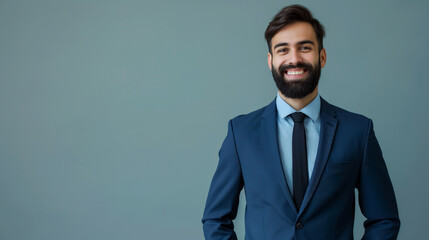 A confident Indian businessman in his late 40s, wearing a blue suit, standing against a grey background and smiling for the camera.