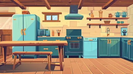 Kitchen empty interior with wooden table, furniture, and appliances. Oven, range hood, refrigerator and cooking utensils in retro vintage style. Cartoon modern illustration.
