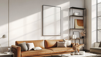 mock up poster frame in white interior, home, living room, Scandinavian style, 3D render, 3D illustration