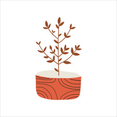 Flower pot vector clipart. Cute hand drawn illustration. For thematic designs, stickers, patterns. Minimalistic floral illustration isolated on white background.