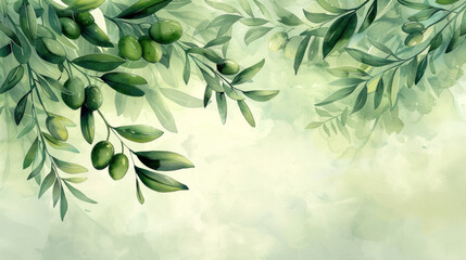 Watercolor painting of delicate olive branches conveying peace and natural beauty. - obrazy, fototapety, plakaty