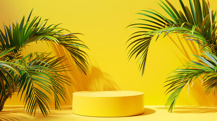 Fototapeta premium A vibrant tropical setting with green palm leaves and a yellow pedestal.
