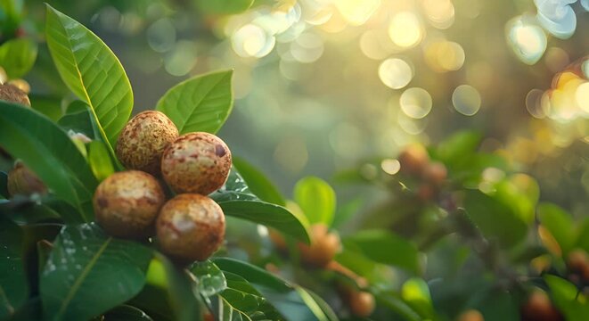 A branch of a lychee tree with ripe lychees hanging from it.